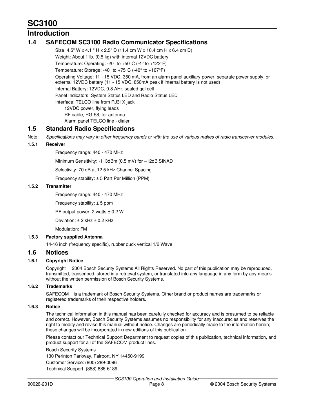 Bosch Appliances manual Safecom SC3100 Radio Communicator Specifications, Standard Radio Specifications 