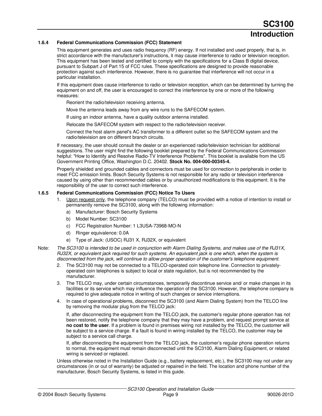 Bosch Appliances SC3100 manual Federal Communications Commission FCC Statement 