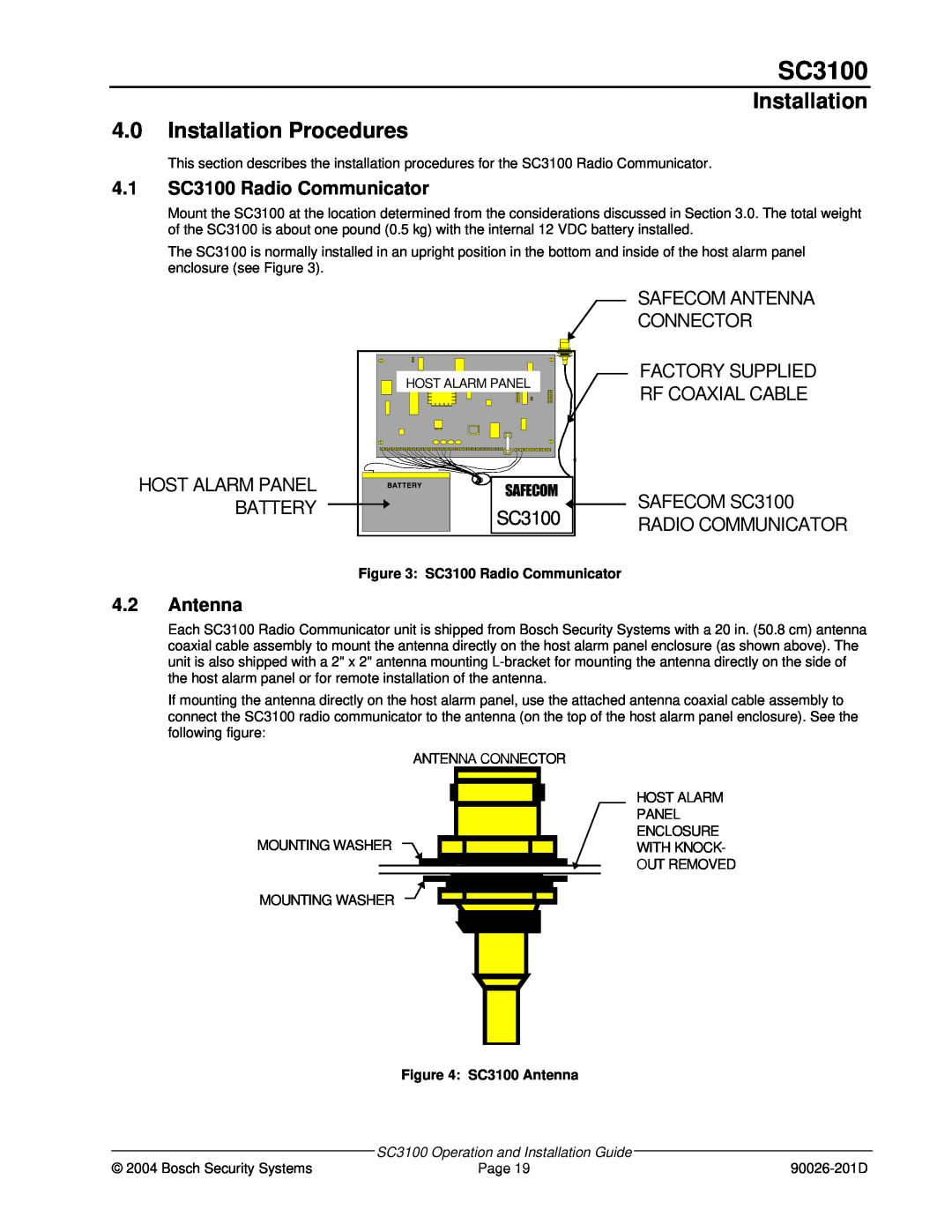 Bosch Appliances Installation 4.0Installation Procedures, 4.1SC3100 Radio Communicator, 4.2Antenna, SC3100 Antenna 
