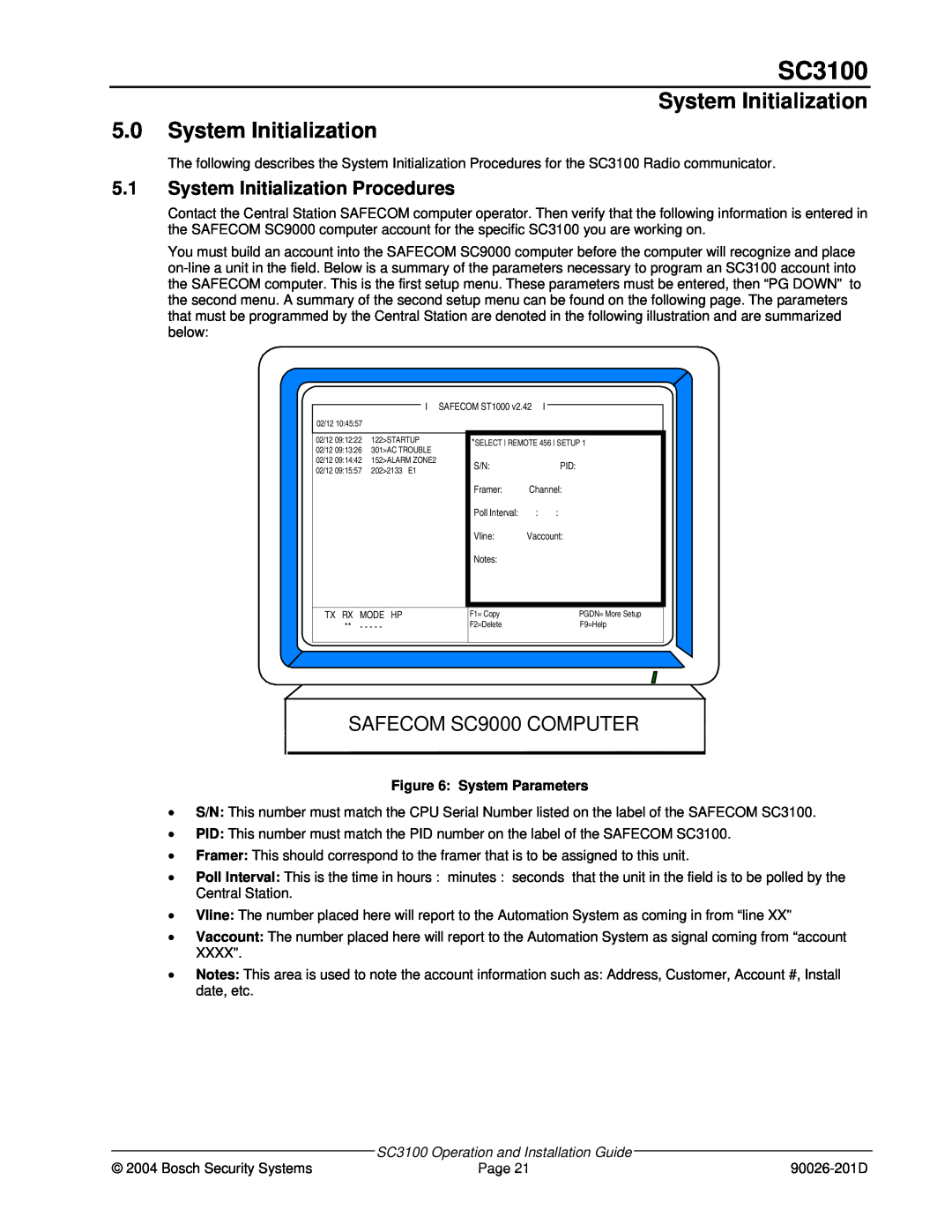 Bosch Appliances SC3100 manual System Initialization 5.0System Initialization, 5.1System Initialization Procedures 