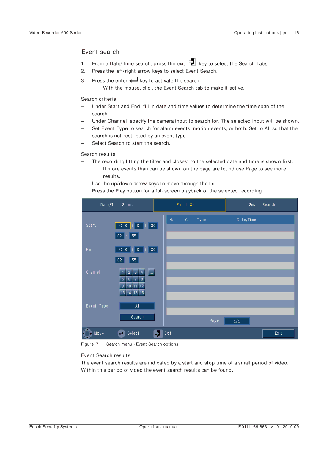 Bosch Appliances 600 Series manual Event search, Search criteria, Event Search results 