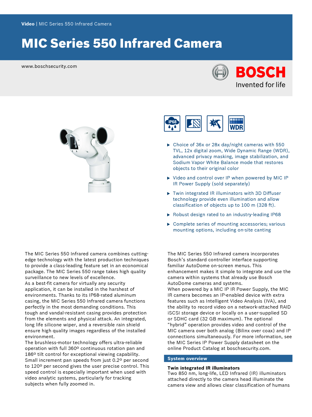 Bosch Appliances manual Video MIC Series 550 Infrared Camera, System overview, Twin integrated IR illuminators 