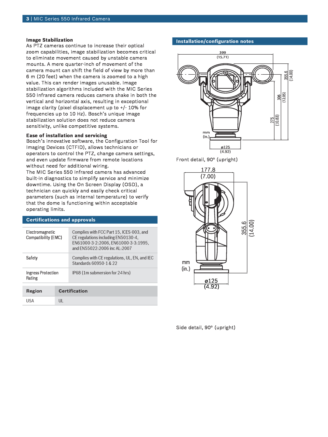 Bosch Appliances manual 355.6, 14.00, 177.8 7.00, Ø125 4.92, MIC Series 550 Infrared Camera, Image Stabilization 