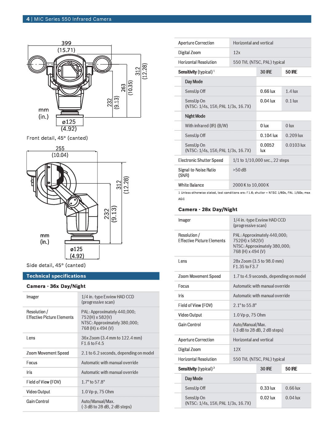 Bosch Appliances manual 399 15.71, Ø125 4.92, 12.28, 263 9.13, 312 10.35, 10.04, MIC Series 550 Infrared Camera 