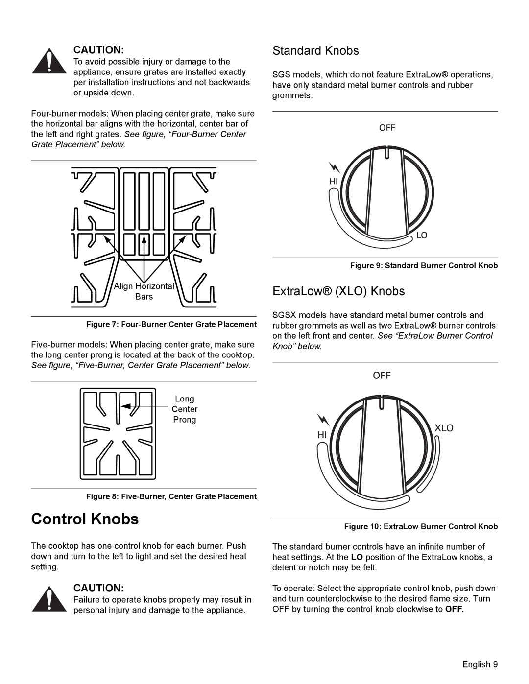 Bosch Appliances SGSX manual Control Knobs, Standard Knobs, ExtraLow XLO Knobs 