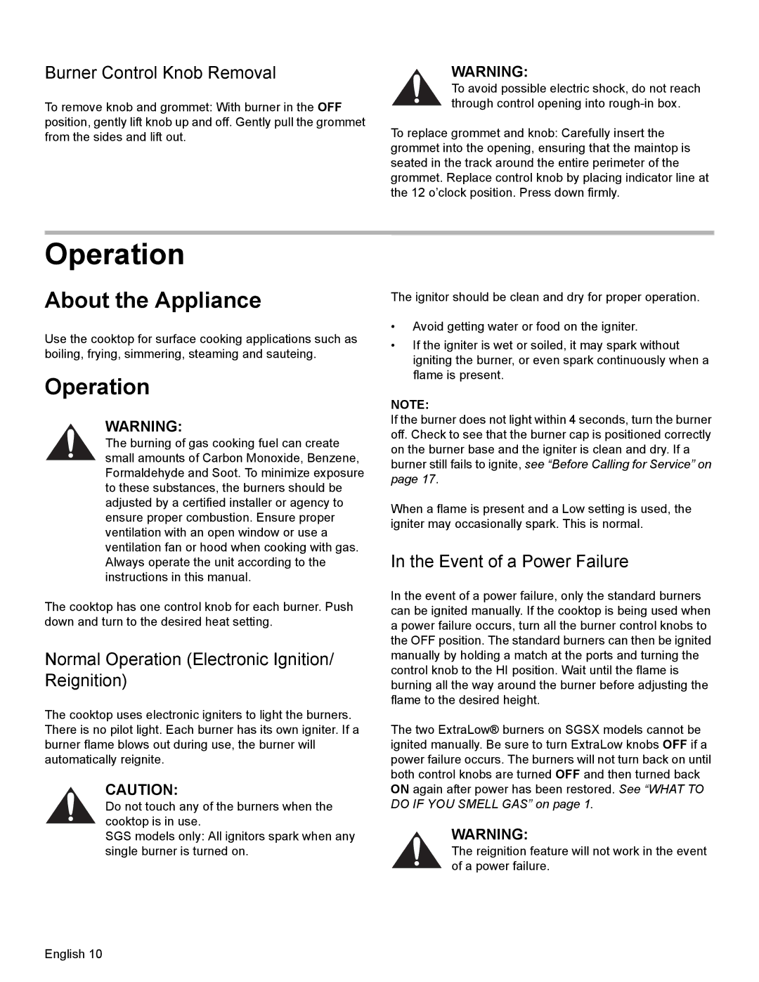 Bosch Appliances SGSX manual Operation, About the Appliance, Burner Control Knob Removal, Event of a Power Failure 