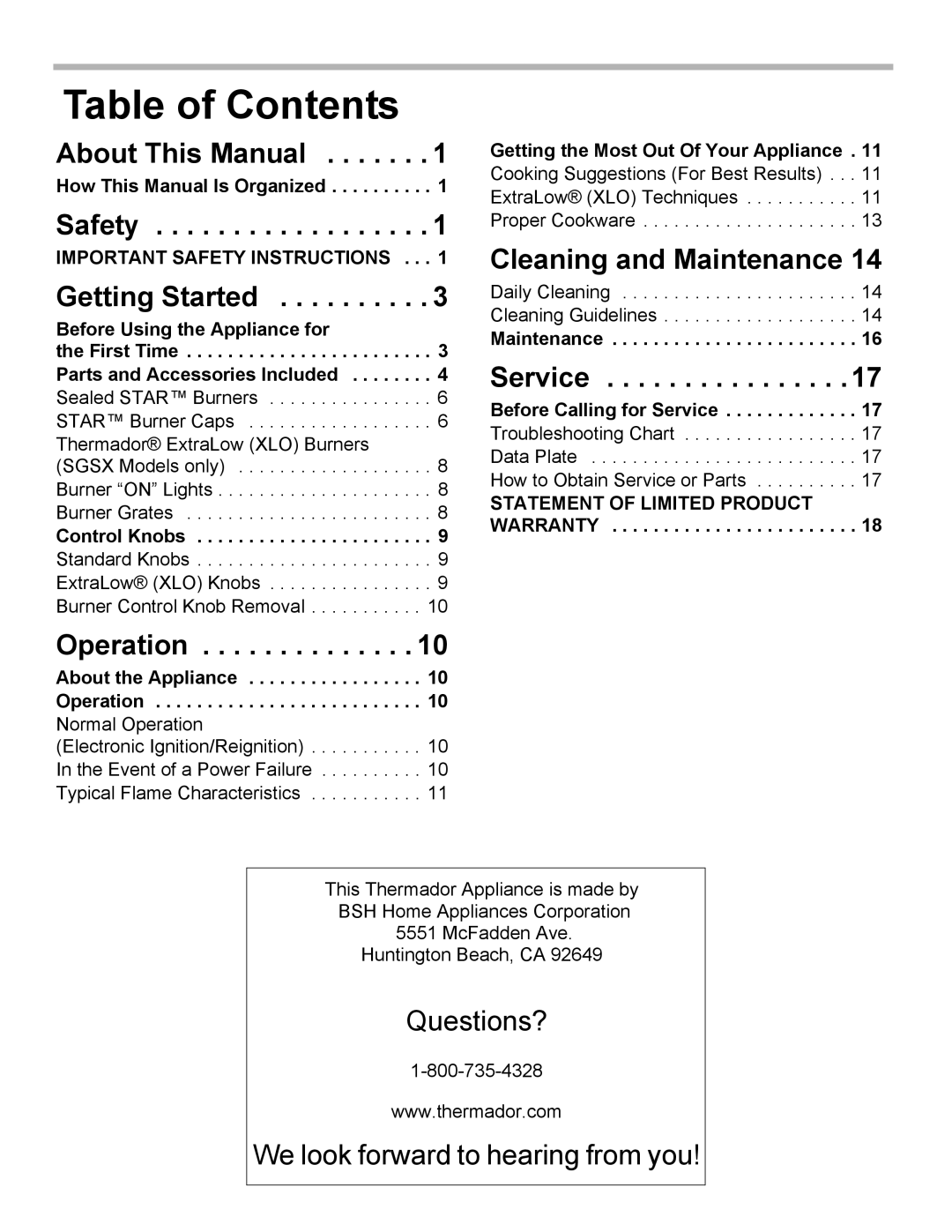 Bosch Appliances SGSX manual Table of Contents 