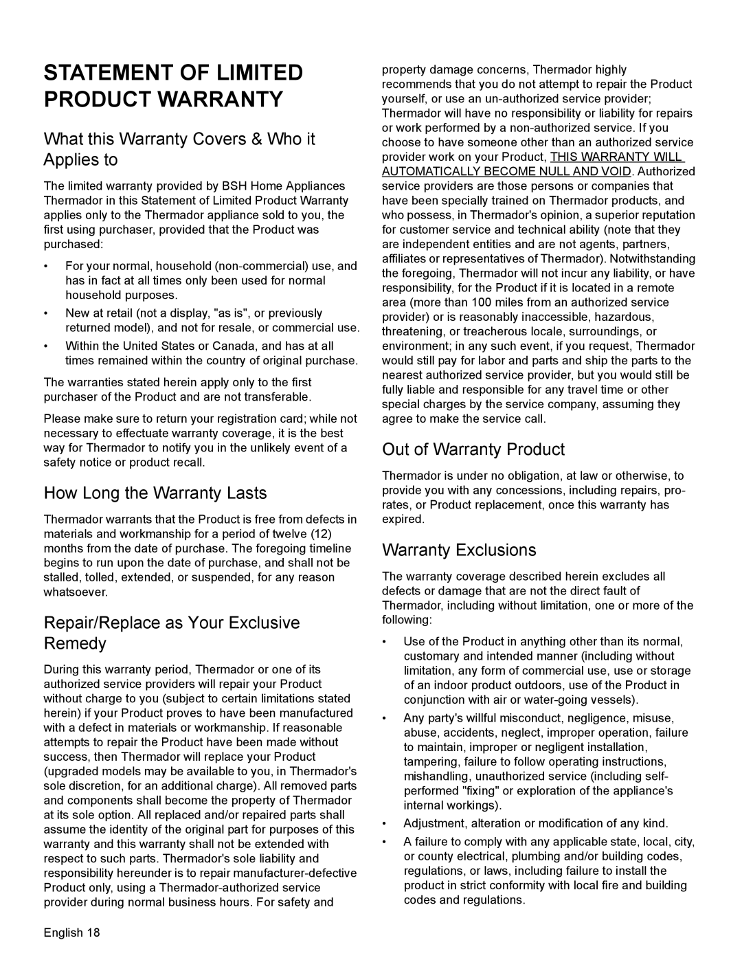 Bosch Appliances SGSX What this Warranty Covers & Who it Applies to, How Long the Warranty Lasts, Out of Warranty Product 