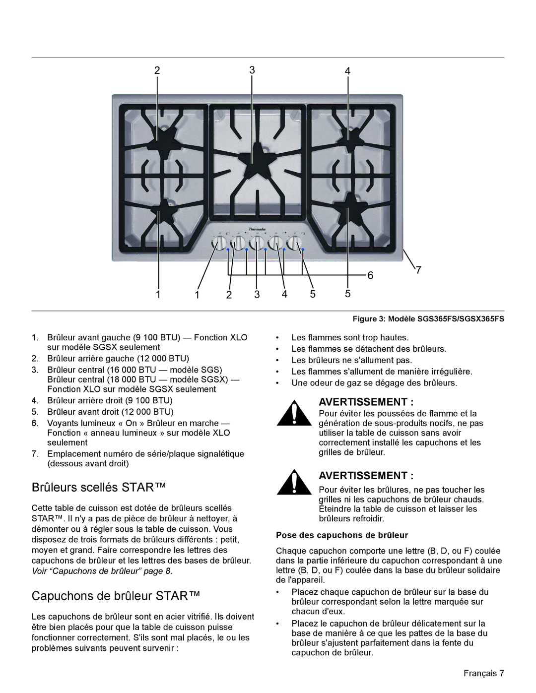 Bosch Appliances SGSX manual Brûleurs scellés Star, Capuchons de brûleur Star, Pose des capuchons de brûleur 