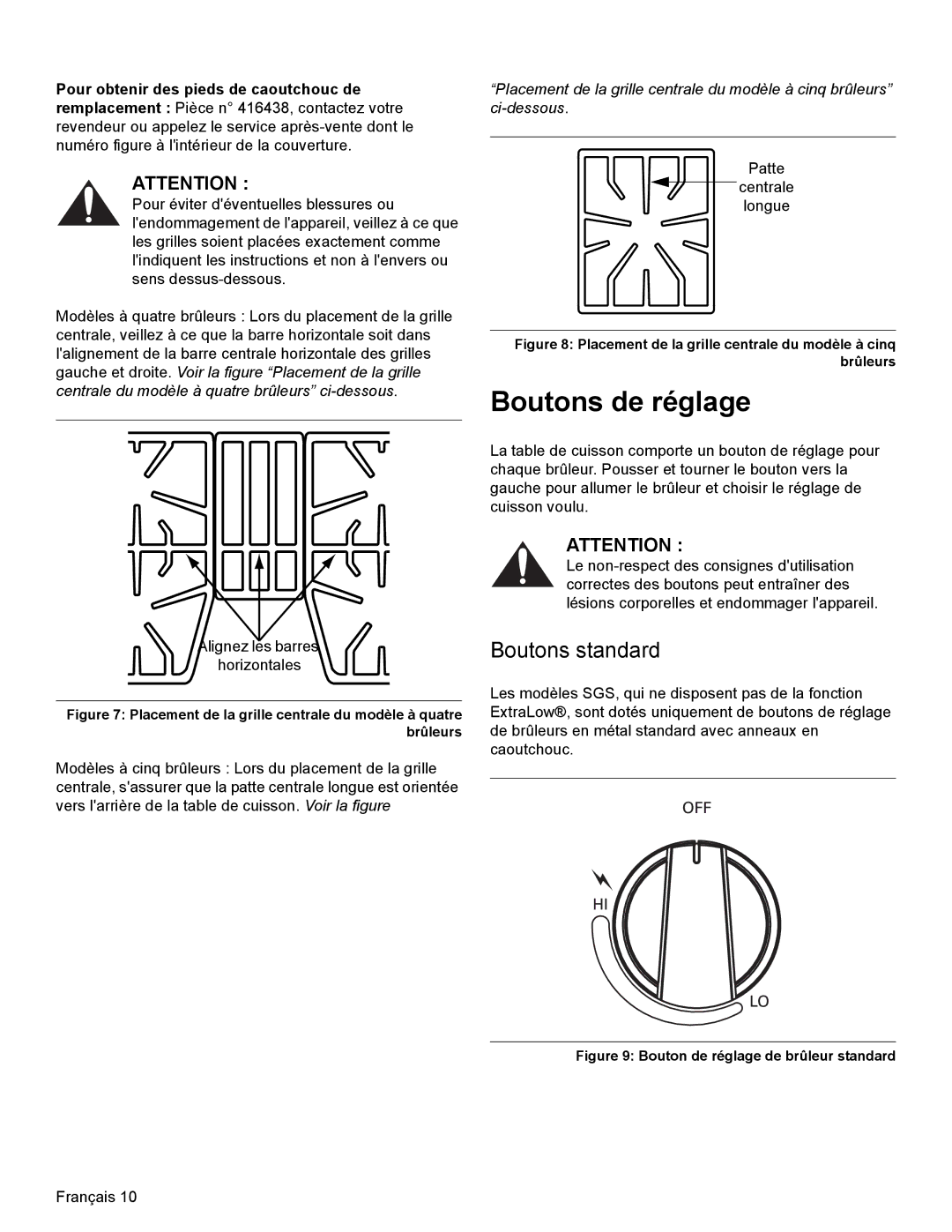 Bosch Appliances SGSX manual Boutons de réglage, Boutons standard 