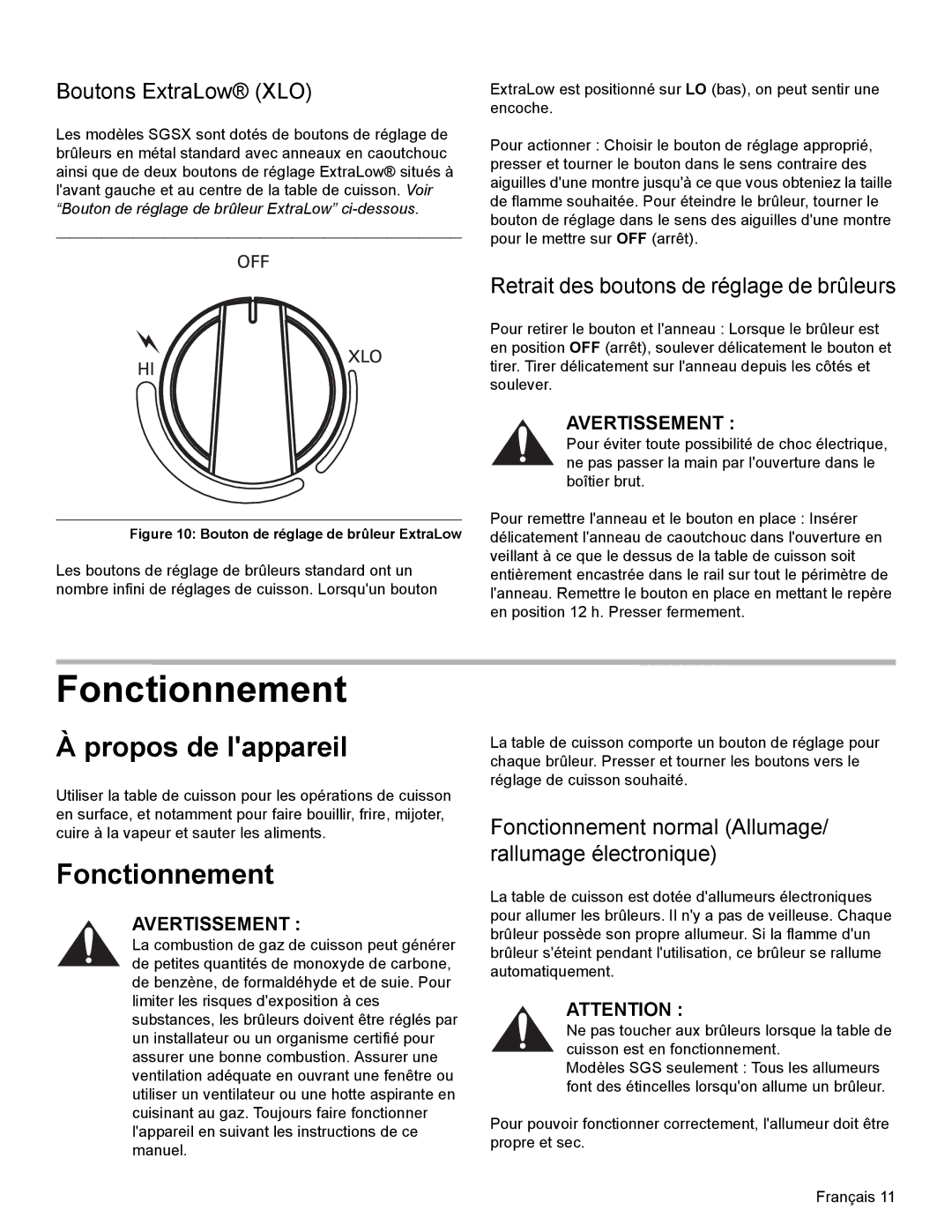 Bosch Appliances SGS Fonctionnement, Propos de lappareil, Boutons ExtraLow XLO, Retrait des boutons de réglage de brûleurs 