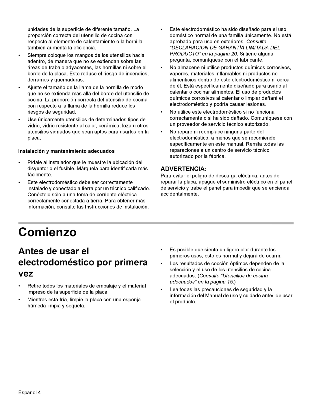 Bosch Appliances SGSX Comienzo, Antes de usar el electrodoméstico por primera vez, Instalación y mantenimiento adecuados 