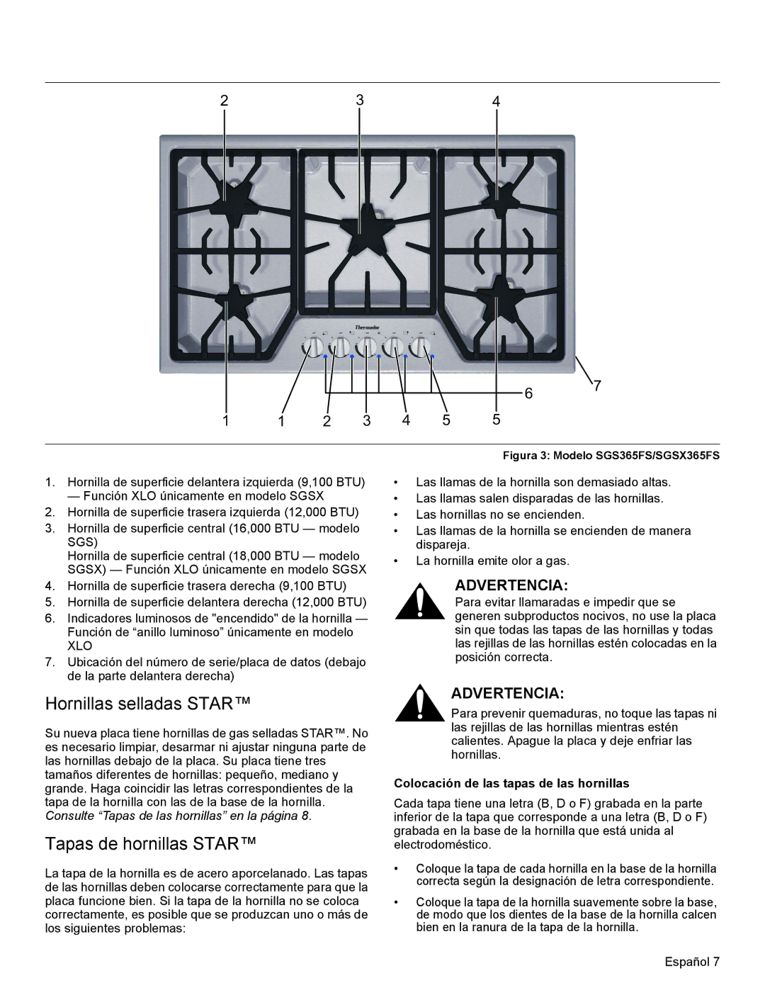 Bosch Appliances SGSX manual Hornillas selladas Star, Tapas de hornillas Star, Colocación de las tapas de las hornillas 