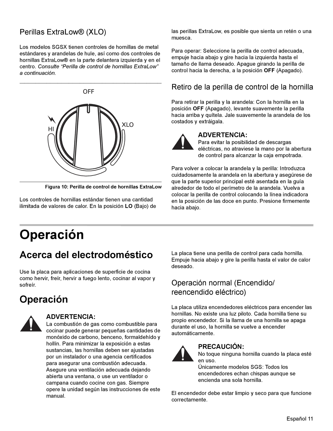 Bosch Appliances SGSX manual Operación, Acerca del electrodoméstico, Perillas ExtraLow XLO 