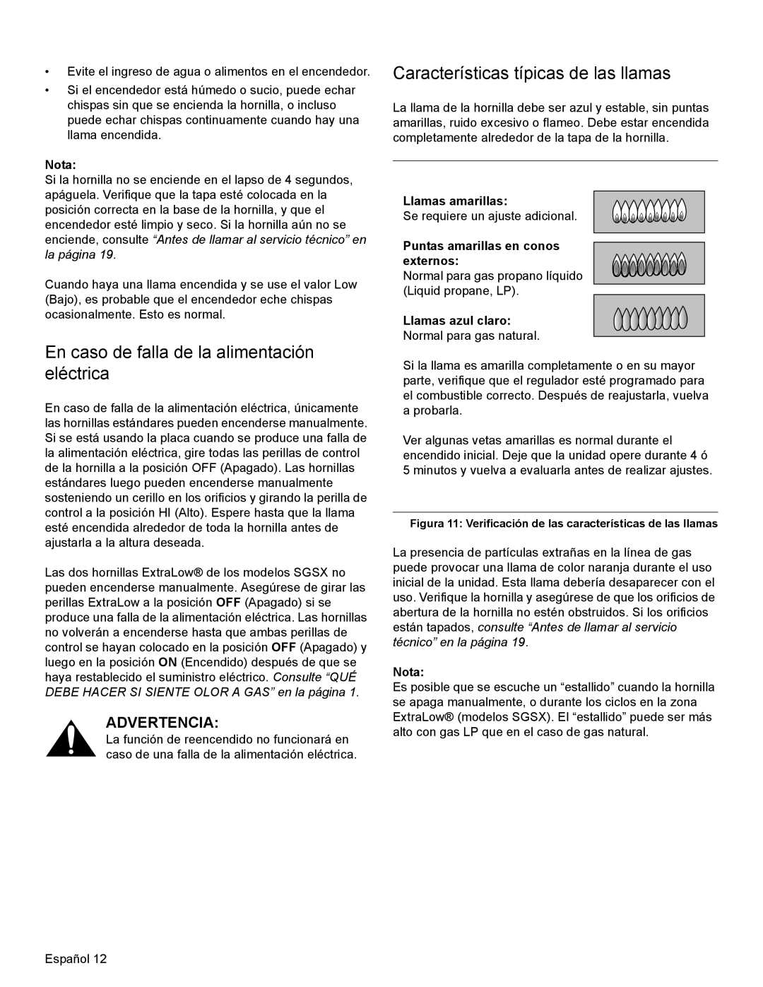 Bosch Appliances SGSX manual En caso de falla de la alimentación eléctrica, Características típicas de las llamas 