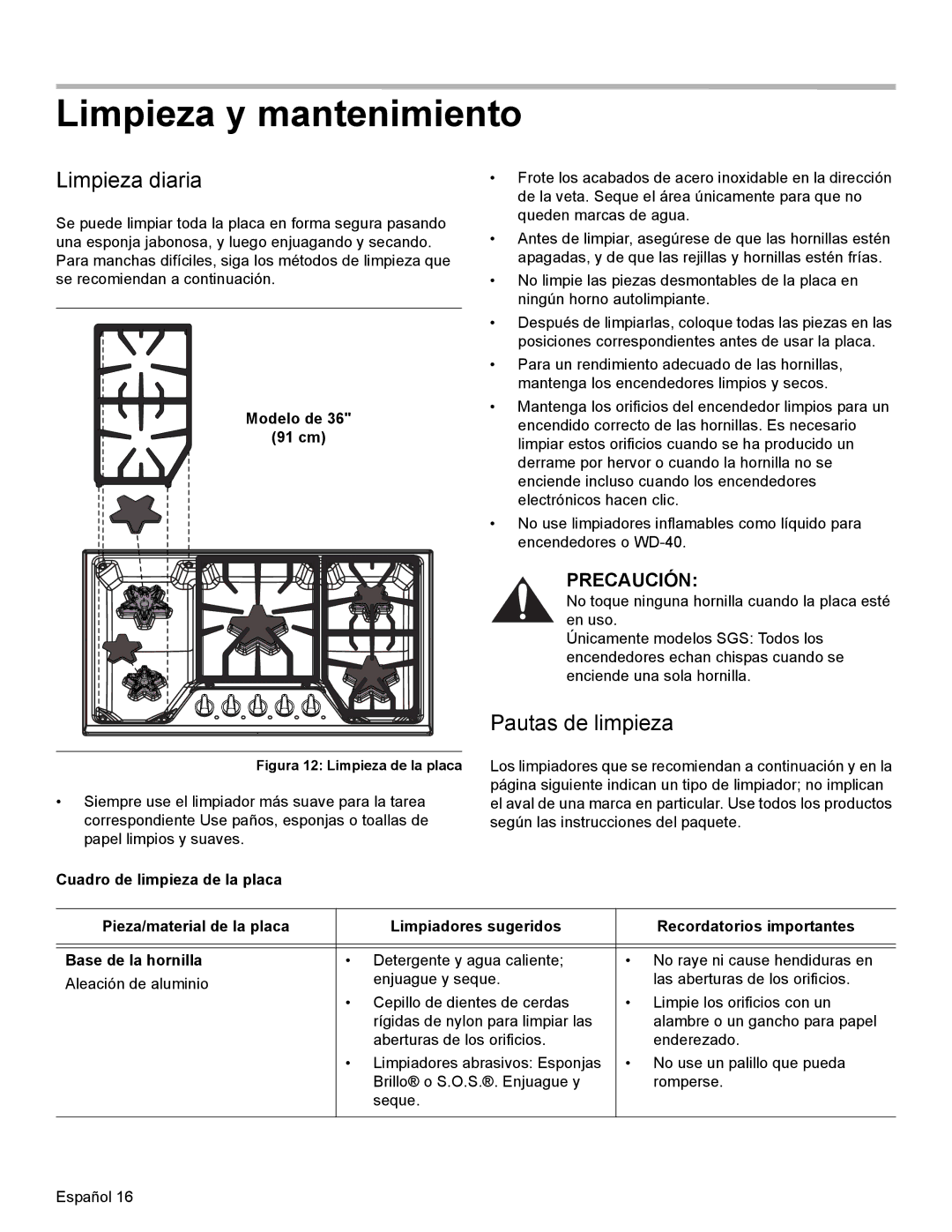 Bosch Appliances SGSX manual Limpieza y mantenimiento, Limpieza diaria, Pautas de limpieza, Modelo de 91 cm 