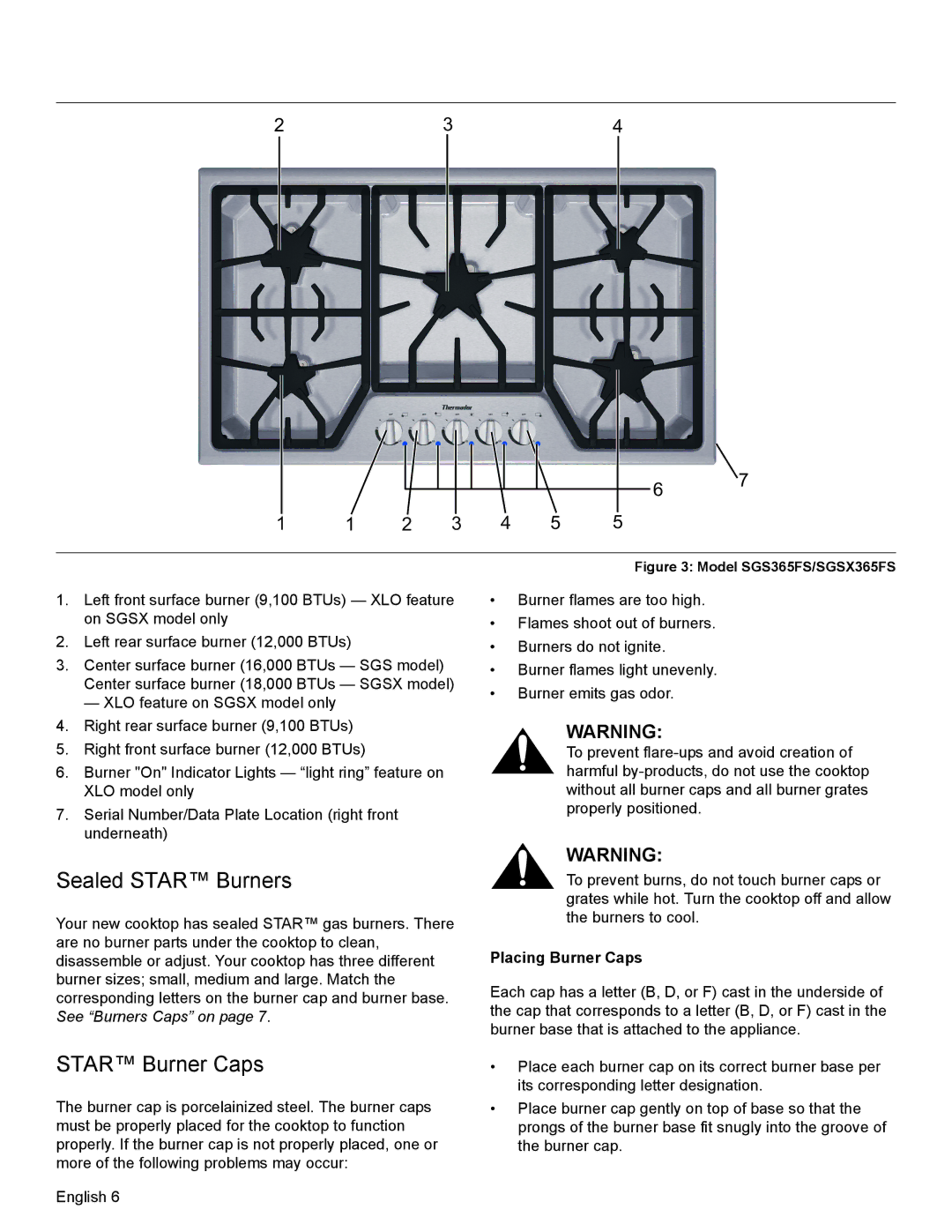 Bosch Appliances SGSX manual Sealed Star Burners, Star Burner Caps, Placing Burner Caps 