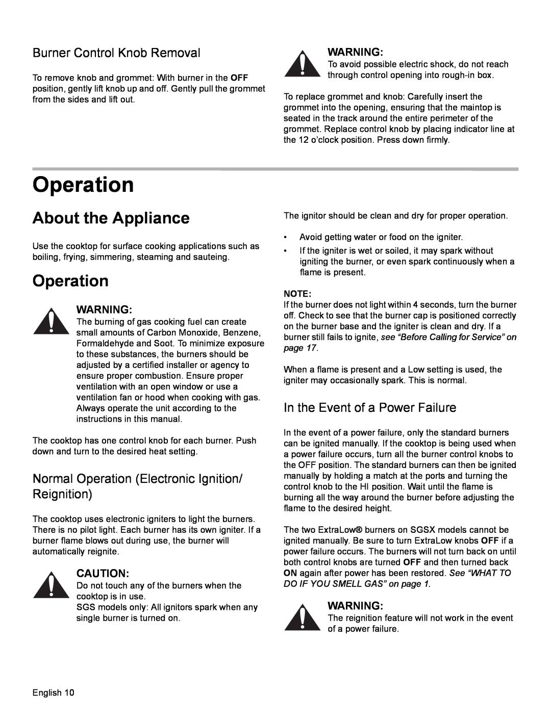 Bosch Appliances SGSX manual Operation, About the Appliance, Burner Control Knob Removal, In the Event of a Power Failure 