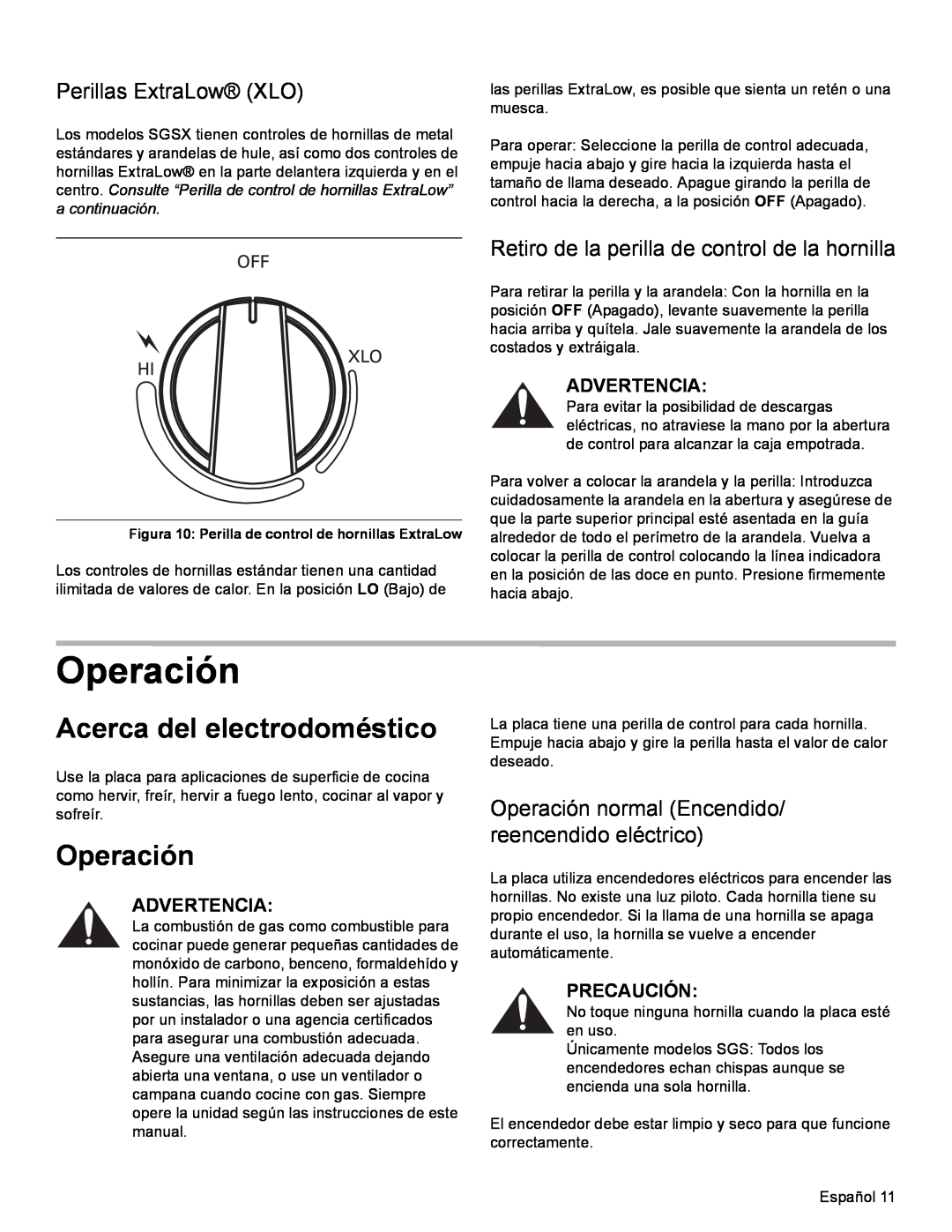 Bosch Appliances SGSX manual Operación, Acerca del electrodoméstico, Perillas ExtraLow XLO, Advertencia, Precaución 