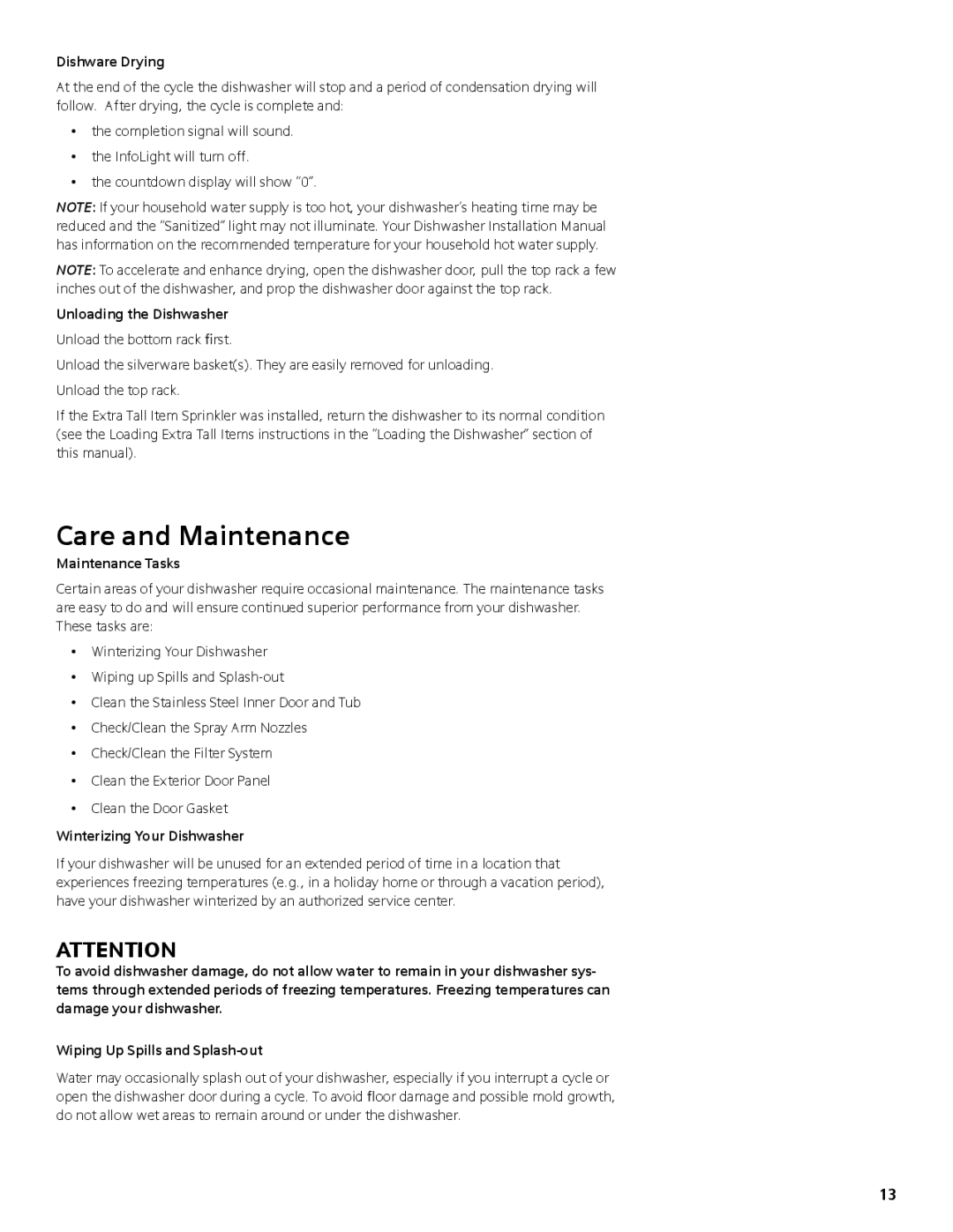 Bosch Appliances SGV45E03UC manual Care and Maintenance, Dishware Drying, Unloading the Dishwasher, Maintenance Tasks 