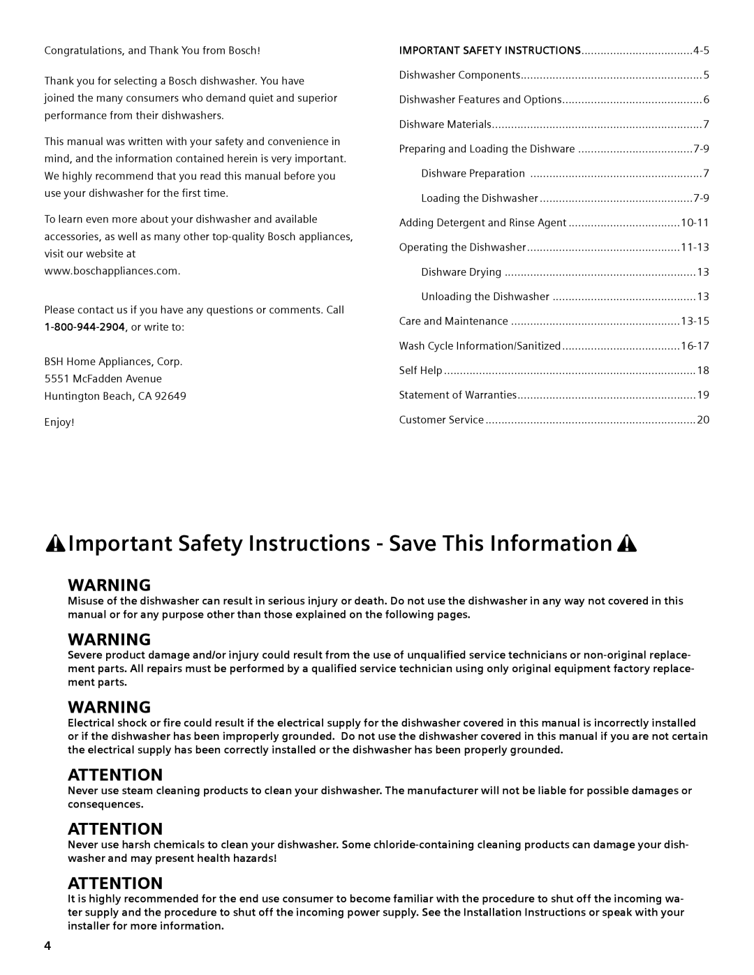 Bosch Appliances SGV45E03UC manual Important Safety Instructions Save This Information 