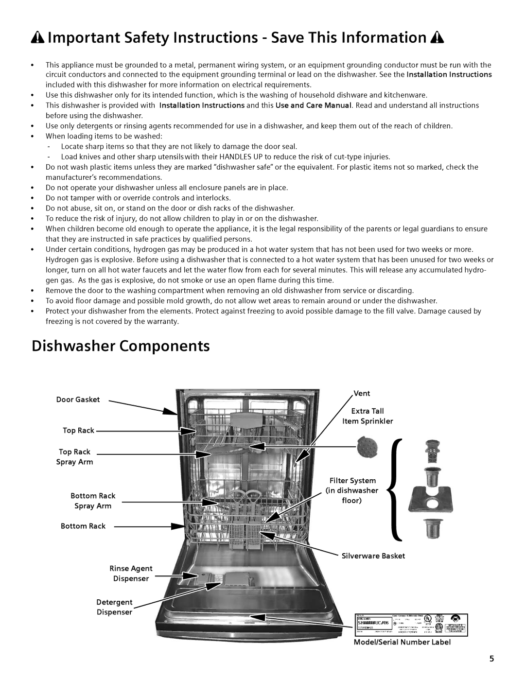 Bosch Appliances SGV45E03UC manual Dishwasher Components 