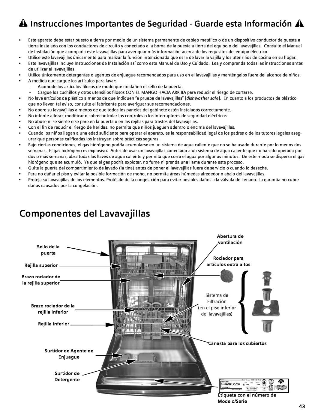 Bosch Appliances SGV45E03UC manual Componentes del Lavavajillas, Sello de la puerta Rejilla superior 