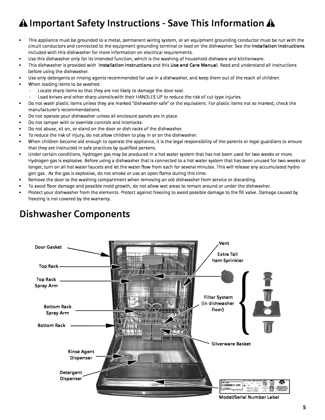 Bosch Appliances SGV45E03UC manual Dishwasher Components, Door Gasket Top Rack Top Rack Spray Arm Bottom Rack Spray Arm 