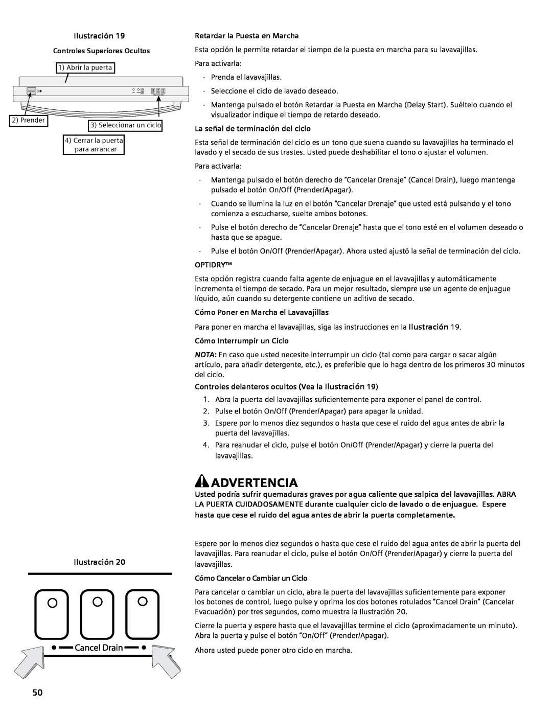 Bosch Appliances SGV45E03UC manual Advertencia, Cancel Drain, Ilustración, Controles Superiores Ocultos, Optidry 