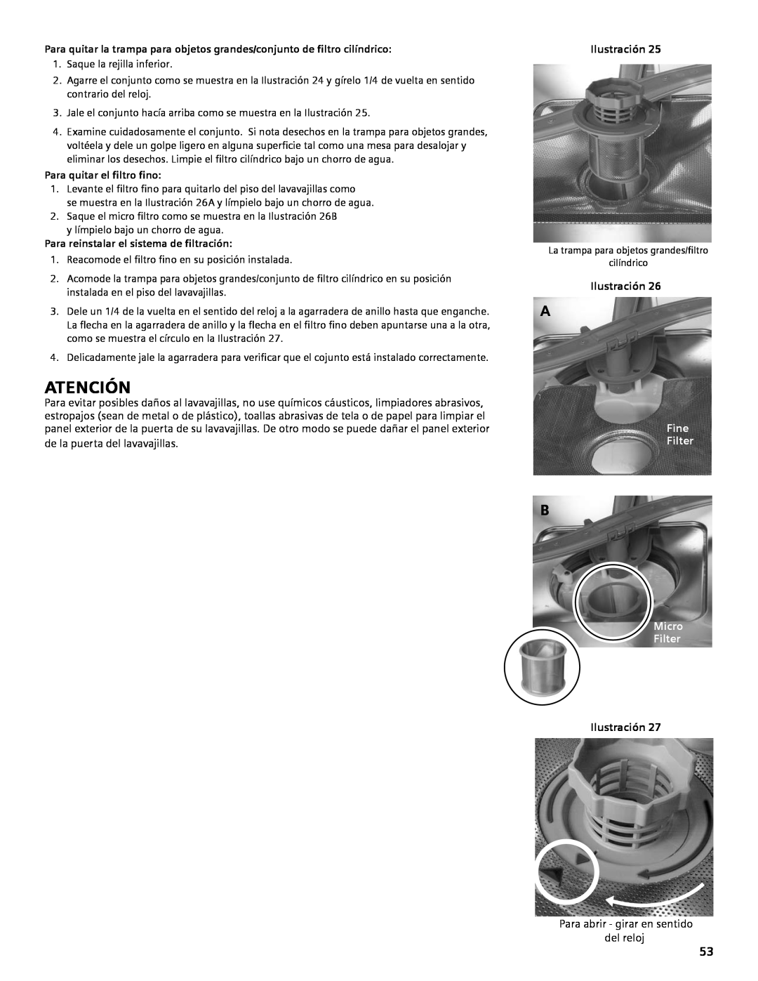 Bosch Appliances SGV45E03UC manual Atención, Ilustración, Fine Filter, Micro Filter, Para quitar el filtro fino 