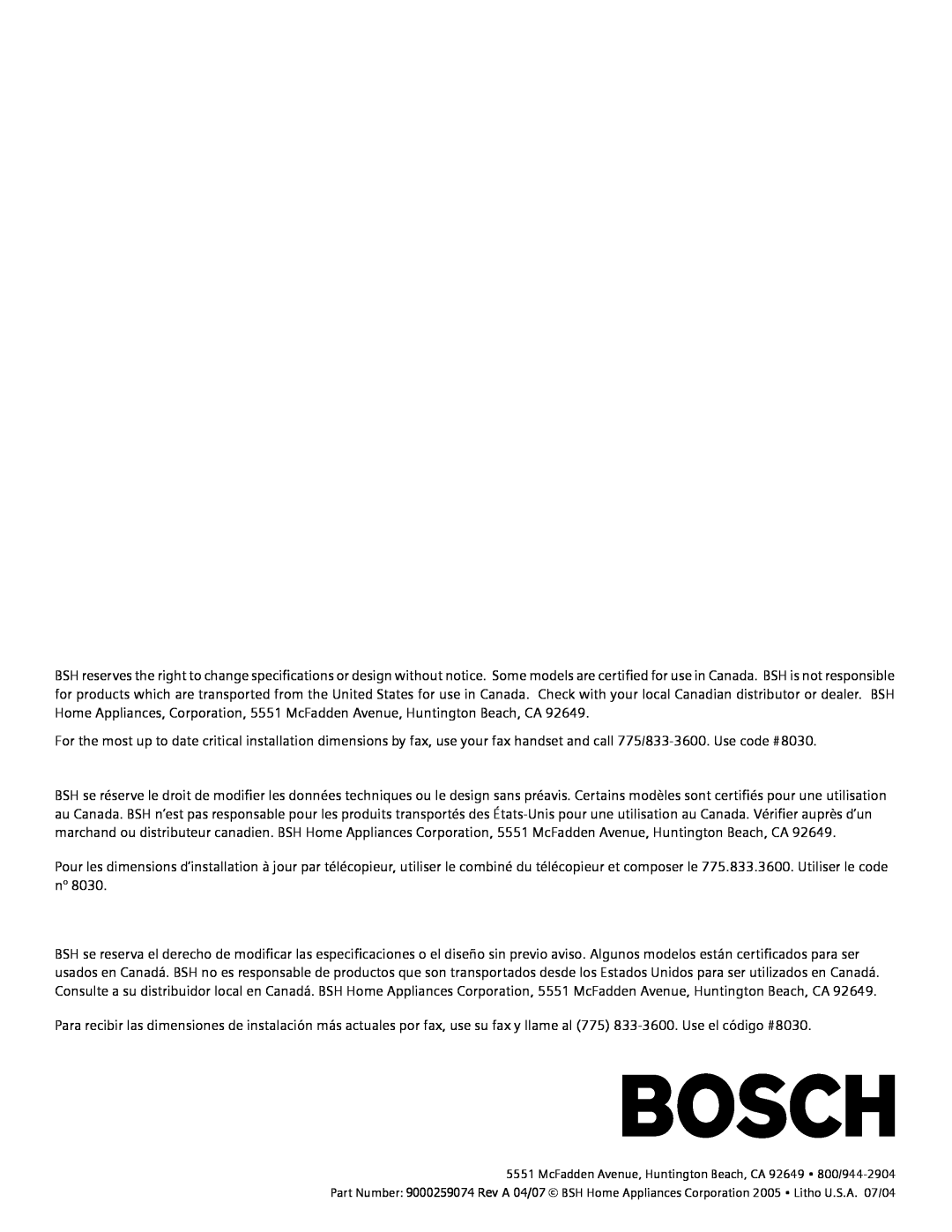 Bosch Appliances SGV45E03UC manual McFadden Avenue, Huntington Beach, CA 92649 800/944-2904 