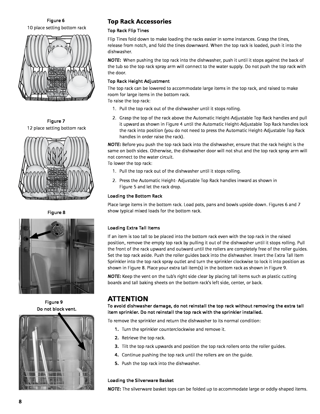 Bosch Appliances SGV45E03UC manual Top Rack Accessories, Do not block vent, Top Rack Flip Tines, Top Rack Height Adjustment 