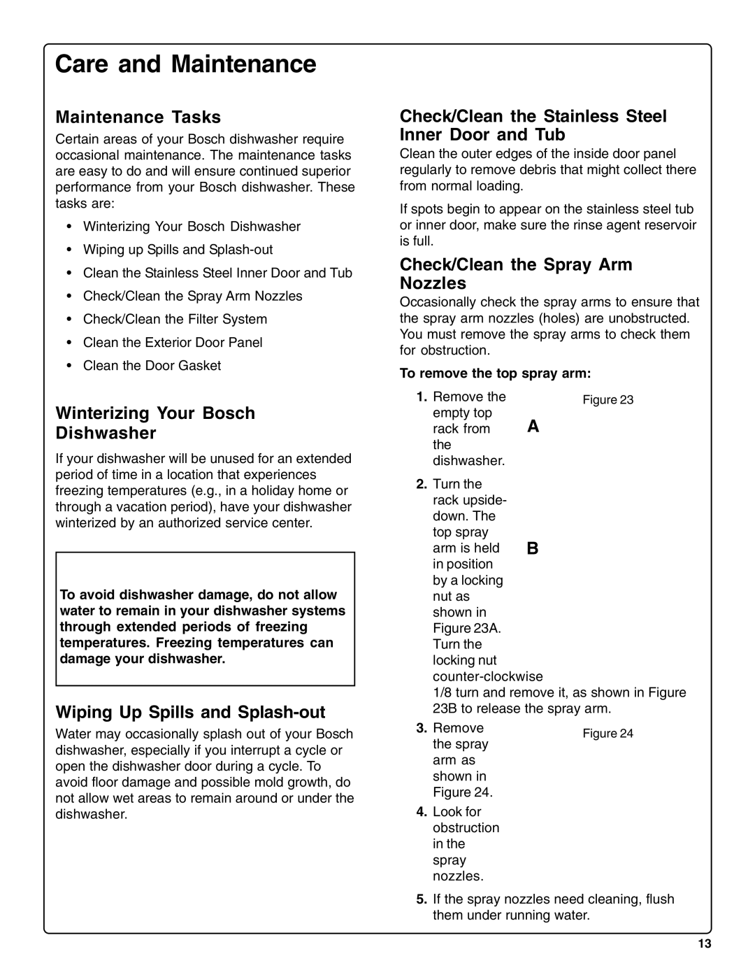 Bosch Appliances sHe43C installation instructions Care and Maintenance 