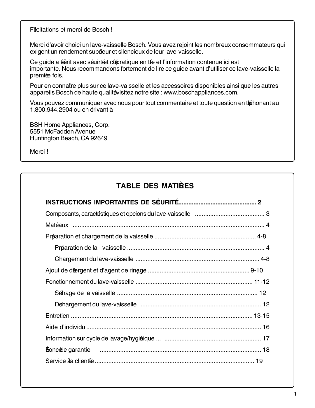 Bosch Appliances sHe43C installation instructions Table DES Matières 