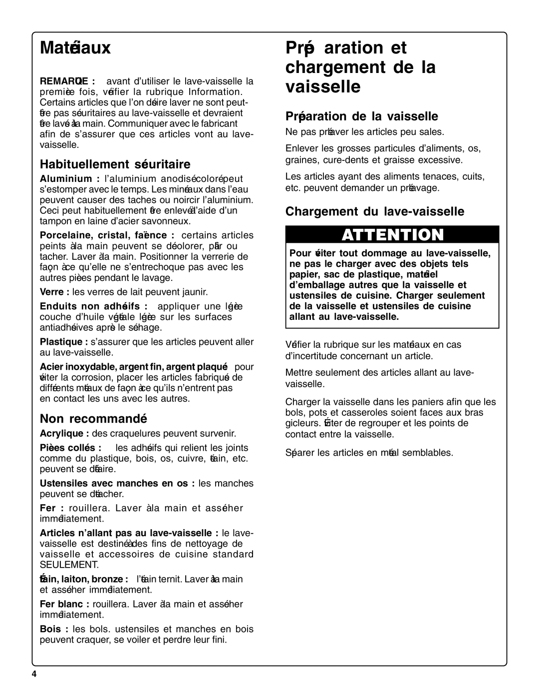 Bosch Appliances sHe43C installation instructions Matériaux, Préparation et chargement de la vaisselle 