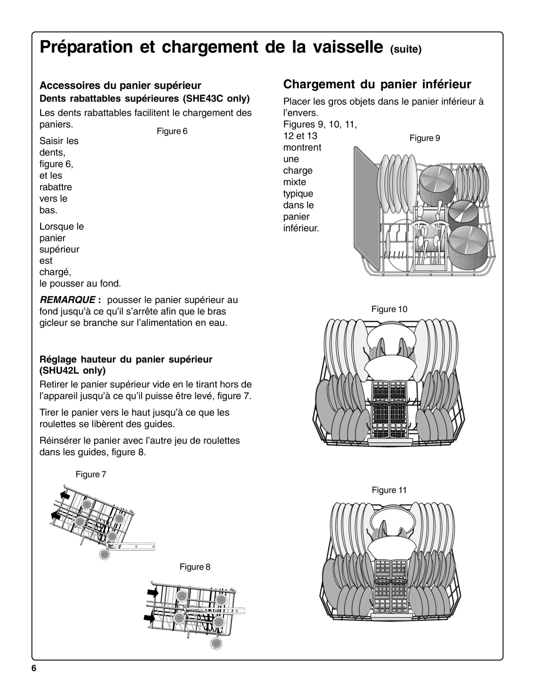 Bosch Appliances sHe43C installation instructions Chargement du panier inférieur, Accessoires du panier supérieur 