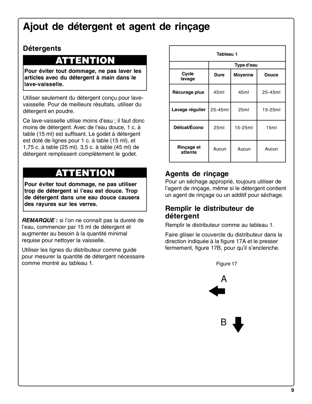 Bosch Appliances sHe43C installation instructions Ajout de détergent et agent de rinçage, Détergents, Agents de rinçage 