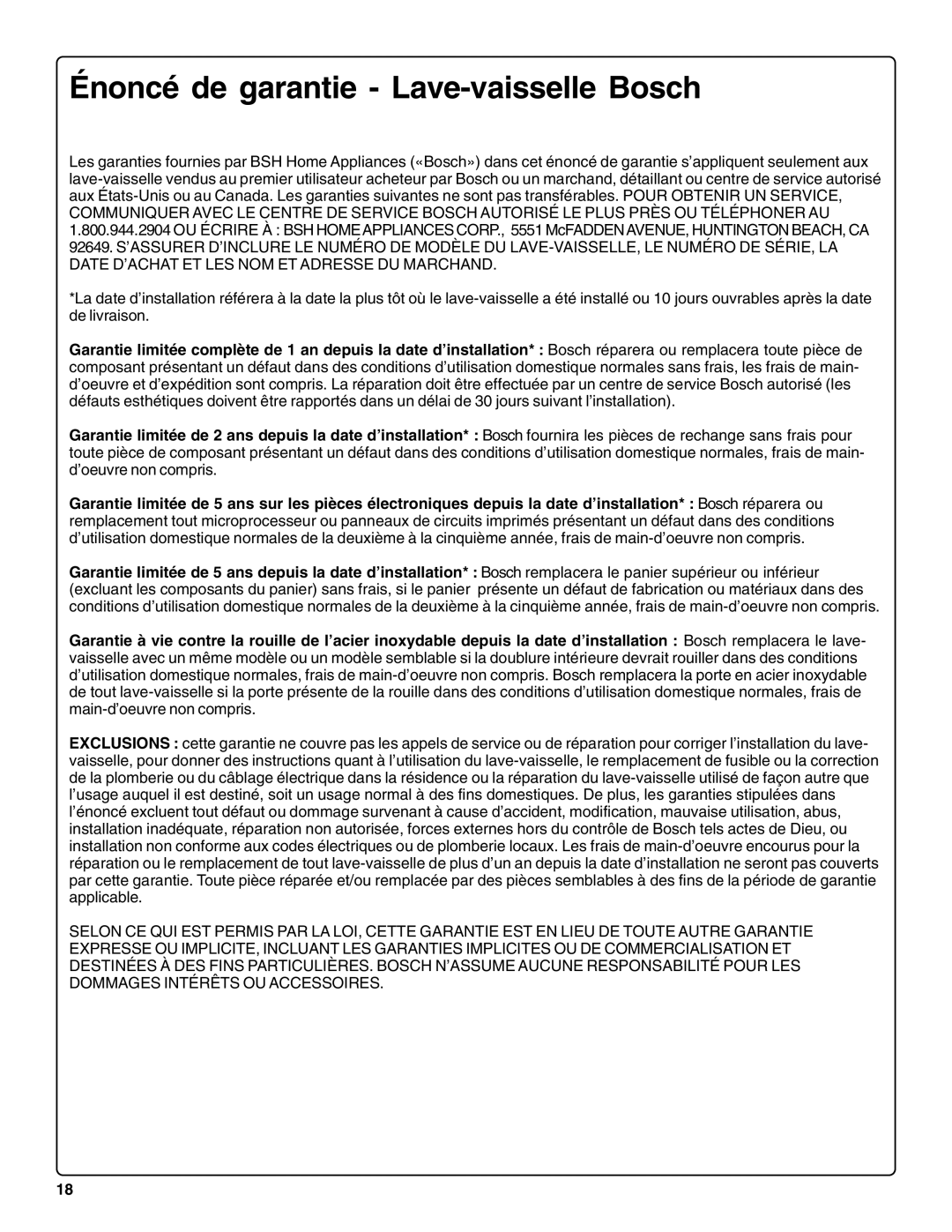 Bosch Appliances sHe43C installation instructions Énoncé de garantie Lave-vaisselle Bosch 