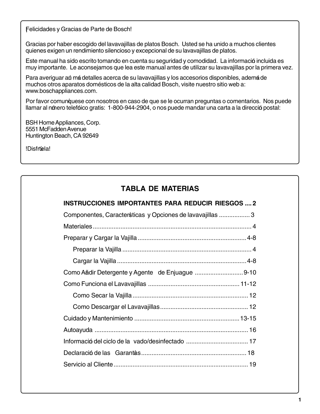 Bosch Appliances sHe43C installation instructions Tabla DE Materias 