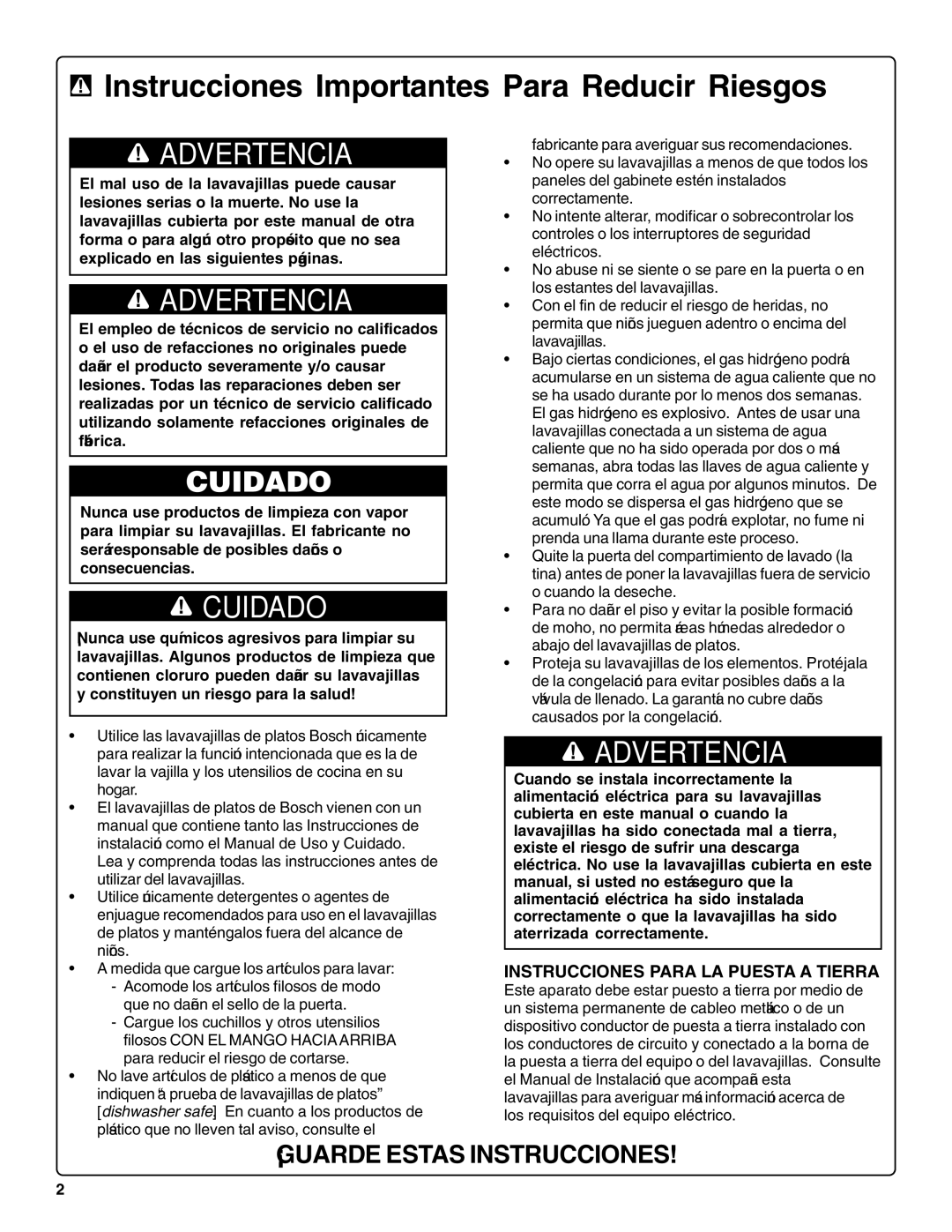 Bosch Appliances sHe43C installation instructions Instrucciones Importantes Para Reducir Riesgos, Advertencia 