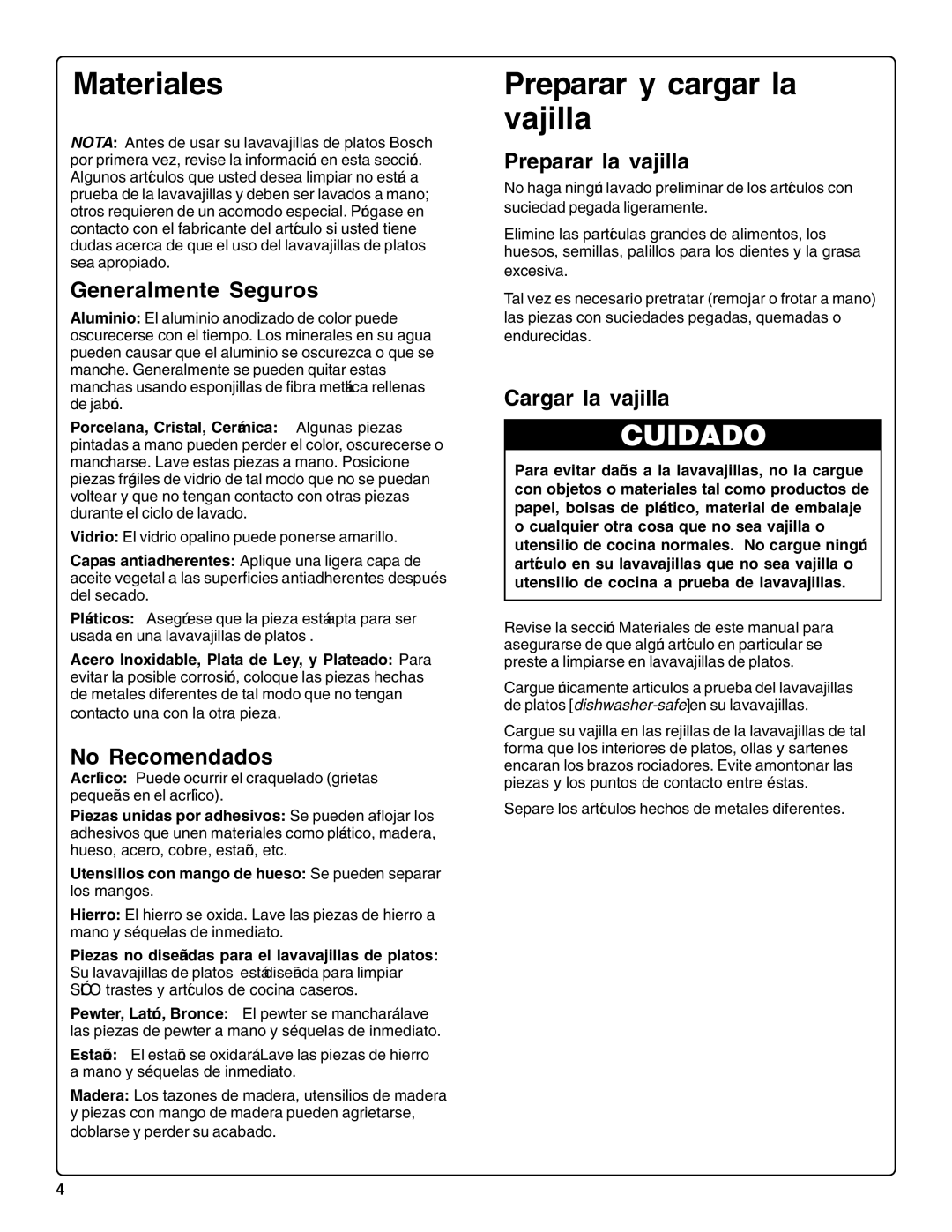 Bosch Appliances sHe43C installation instructions Materiales, Preparar y cargar la vajilla 