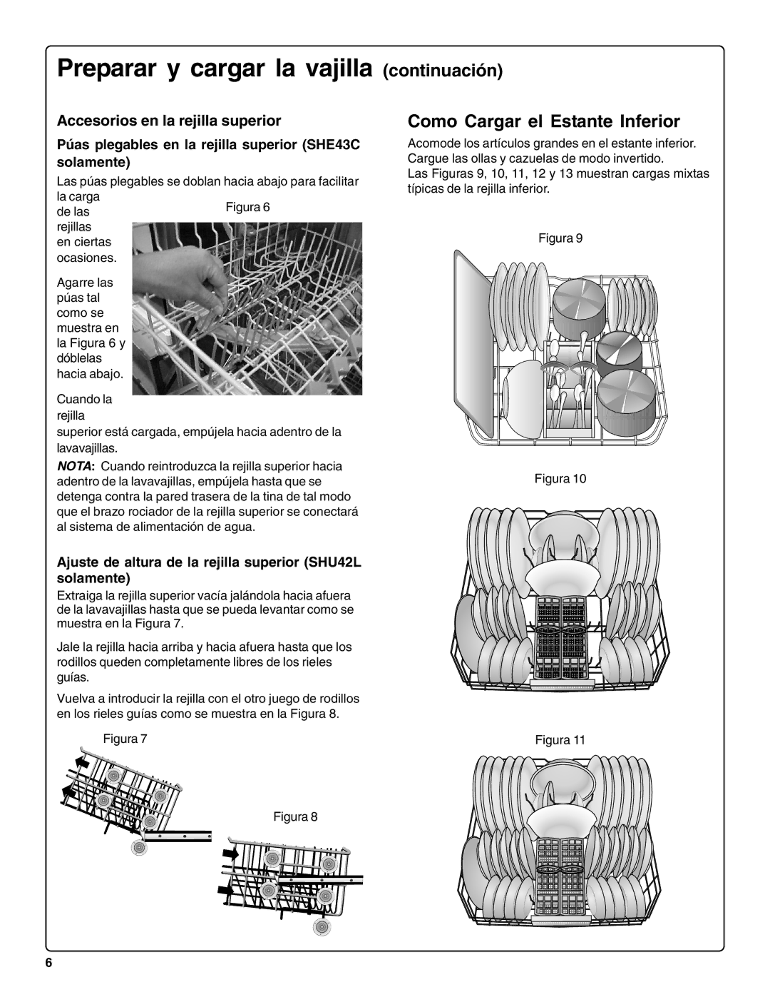 Bosch Appliances sHe43C Continuación Como Cargar el Estante Inferior, Accesorios en la rejilla superior 