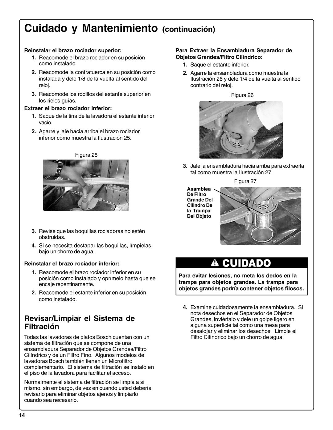 Bosch Appliances sHe43C Cuidado y Mantenimiento continuación, Revisar/Limpiar el Sistema de Filtración 