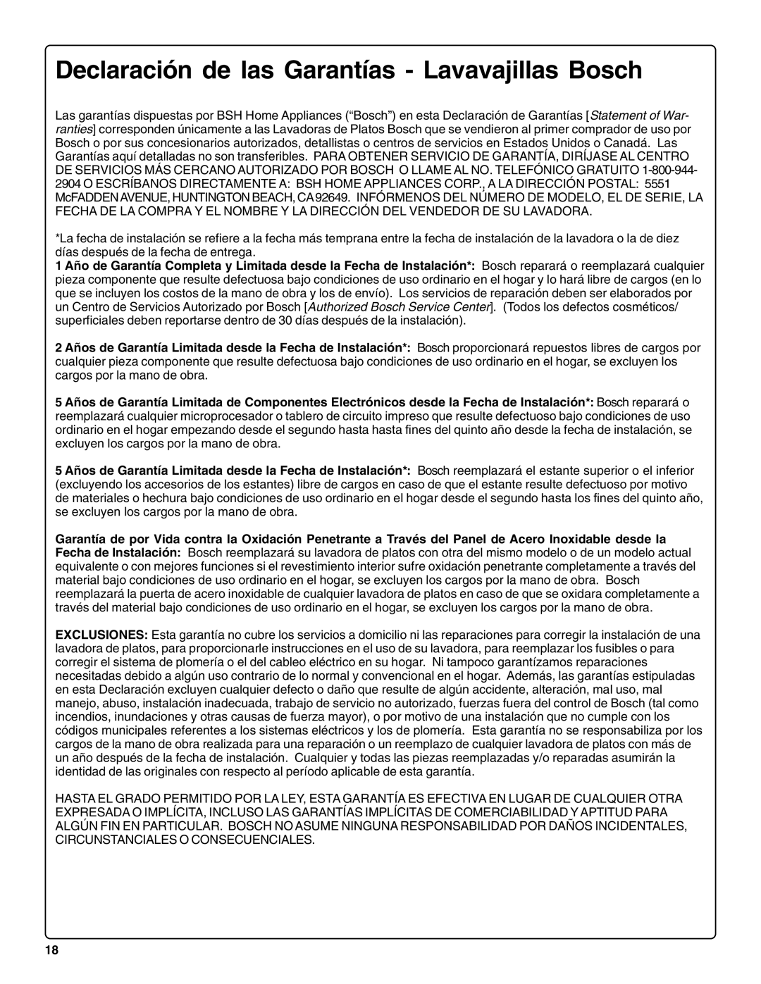 Bosch Appliances sHe43C installation instructions Declaración de las Garantías Lavavajillas Bosch 