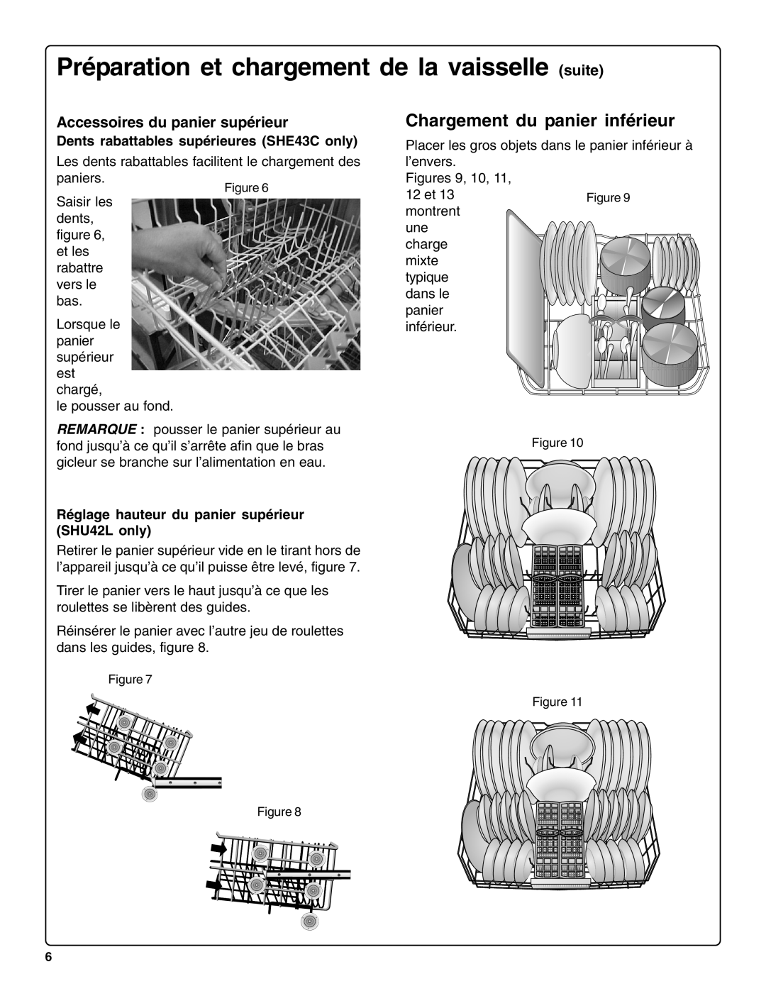 Bosch Appliances sHe43C installation instructions Chargement du panier inférieur, Accessoires du panier supérieur 