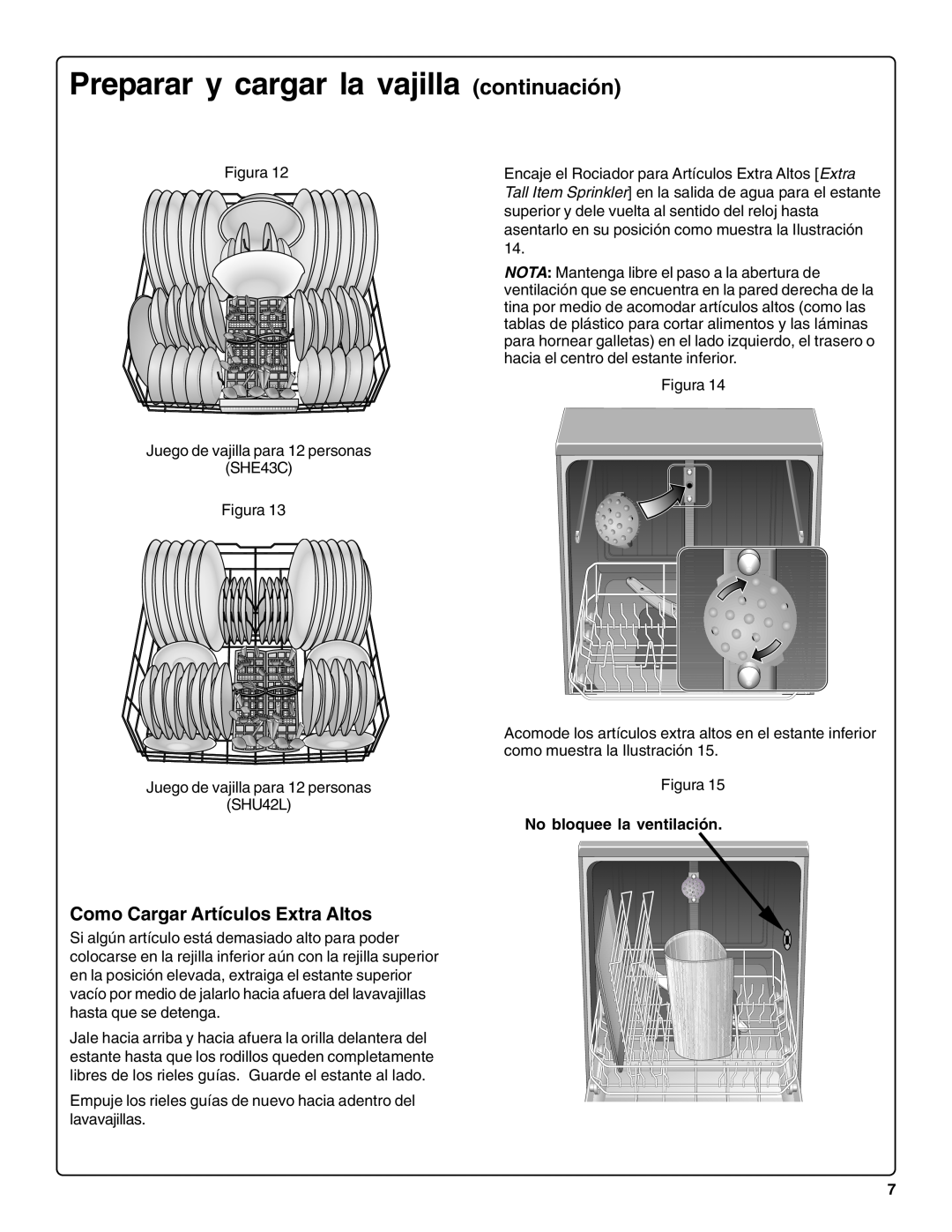 Bosch Appliances sHe43C Como Cargar Artículos Extra Altos, Preparar y cargar la vajilla continuación 