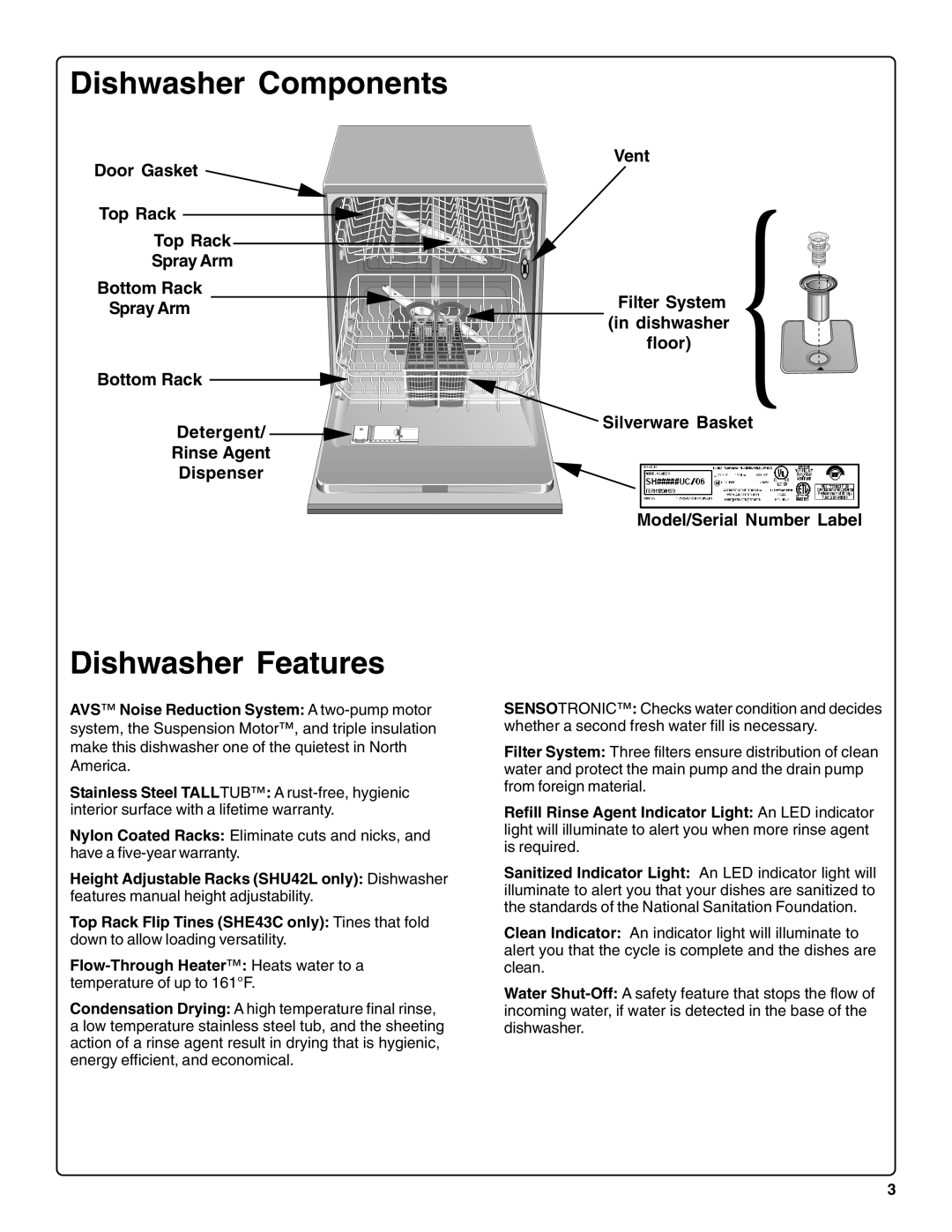 Bosch Appliances sHe43C Dishwasher Components, Dishwasher Features, Bottom Rack Detergent Rinse Agent Dispenser 