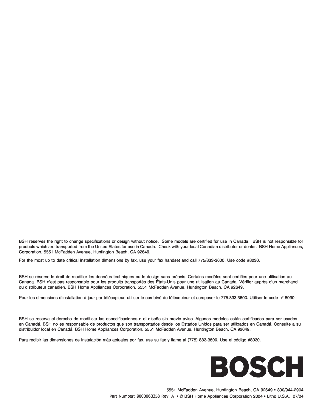 Bosch Appliances sHe43C installation instructions 