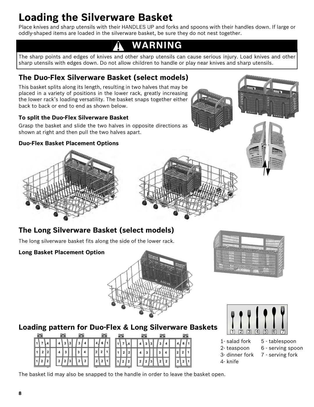 Bosch Appliances SHE43R5XUC manual Loading the Silverware Basket, Duo-Flex Silverware Basket select models 