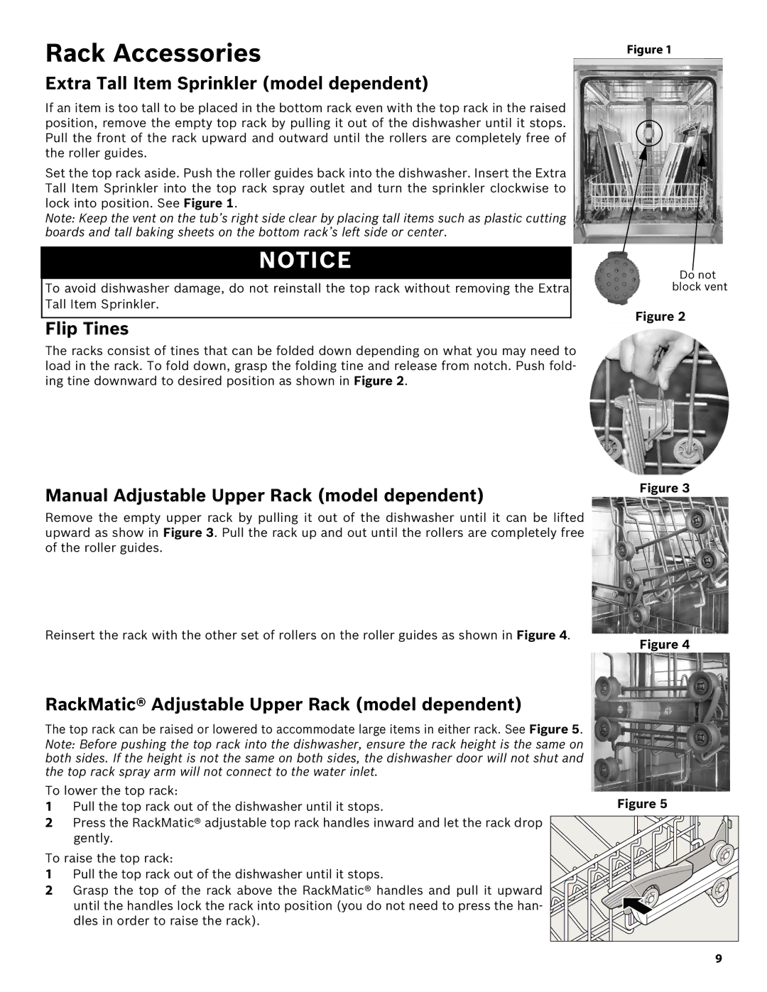 Bosch Appliances SHE43R5XUC manual Rack Accessories, Extra Tall Item Sprinkler model dependent, Flip Tines 